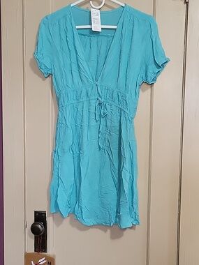 Light Blue Plunging Puff Sleeve Mini Dress NWT Cupshe- S